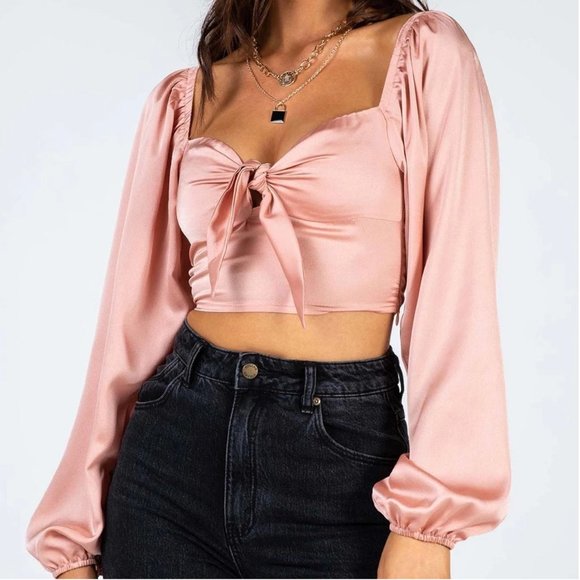 Princess Polly Cropped Tie Front Top with Bubble Sleeves 4 - Picture 2 of 5